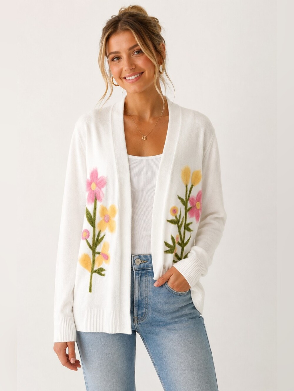 Aaeda Floral Open Front Cardigan Sweater XL White Fuzzy Flower Appliqué Soft
